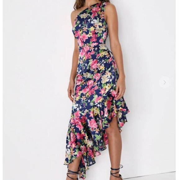 Lulu's Divinely Blooming Blue Multi Floral One-Shoulder Midi Dress - Picture 1 of 4